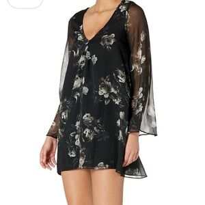 CHASER Silk Floral Mini Dress Sheer Bell Sleeve Boho Fairy Grunge